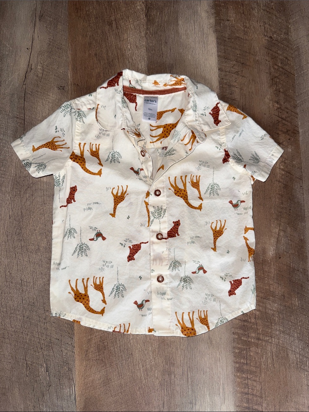 Carter's Cream Short-Sleeve Button-Up with giraffe print 18m